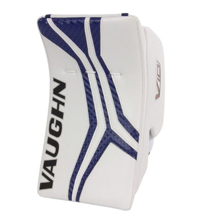 A photo of the Vaughn V10 Junior Goalie Blocker in colour white and blue, blocker view.