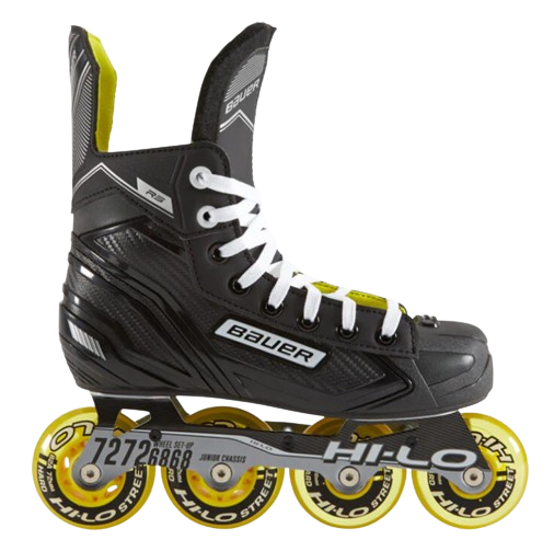 A photo of the Bauer RH RS Senior Roller Skate in colour black with yellow wheels. Side view.