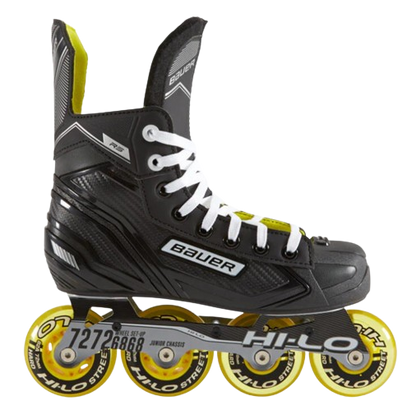 A photo of the Bauer RH RS Senior Roller Skate in colour black with yellow wheels. Side view.