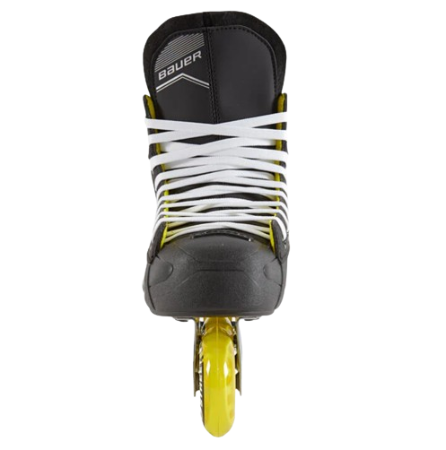 A photo of the Bauer RH RS Senior Roller Skate in colour black with yellow wheels and white laces. Front view.