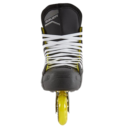 A photo of the Bauer RH RS Senior Roller Skate in colour black with yellow wheels and white laces. Front view.