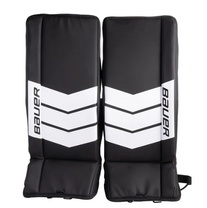 A photo of the Bauer Learn to Save Goalie Pads. The pads are in colour black and white.