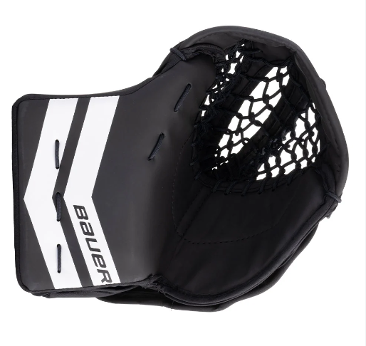 A photo of the Bauer Learn to Save Goalie Catcher. The pads are in colour black and white.