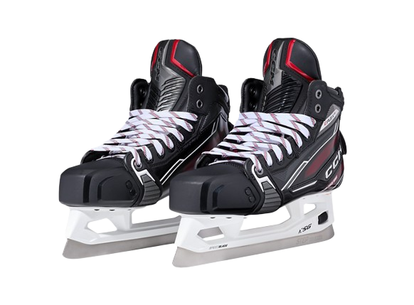 A photo of the CCM EFLEX 6 Senior Goalie Skates in colour black and red. Side view.