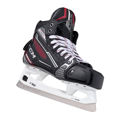 A photo of the CCM EFLEX 6 Senior Goalie Skates in colour black and red. Side view.