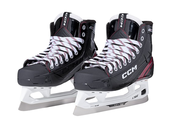 A photo of the CCM EFLEX 6.5 Intermediate Goalie Skates in colour black and red. Dual view.