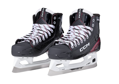 A photo of the CCM EFLEX 6.5 Intermediate Goalie Skates in colour black and red. Dual view.