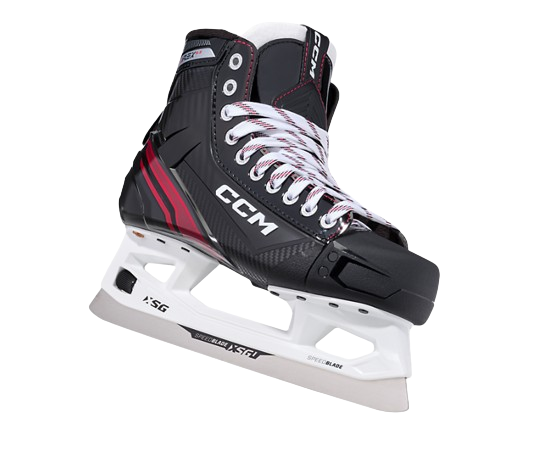 A photo of the CCM EFLEX 6.5 Intermediate Goalie Skates in colour black and red. Angled view.