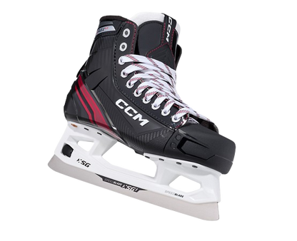 A photo of the CCM EFLEX 6.5 Intermediate Goalie Skates in colour black and red. Angled view.