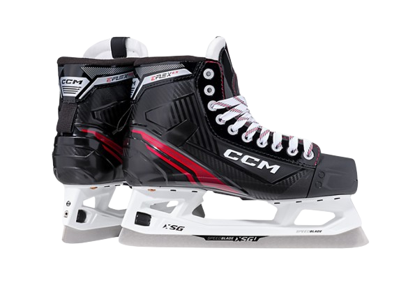 A photo of the CCM EFLEX 6.5 Intermediate Goalie Skates in colour black and red. Dual view.