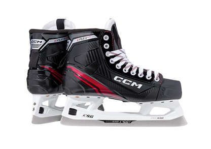 A photo of the CCM EFLEX 6.5 Intermediate Goalie Skates in colour black and red. Dual view.