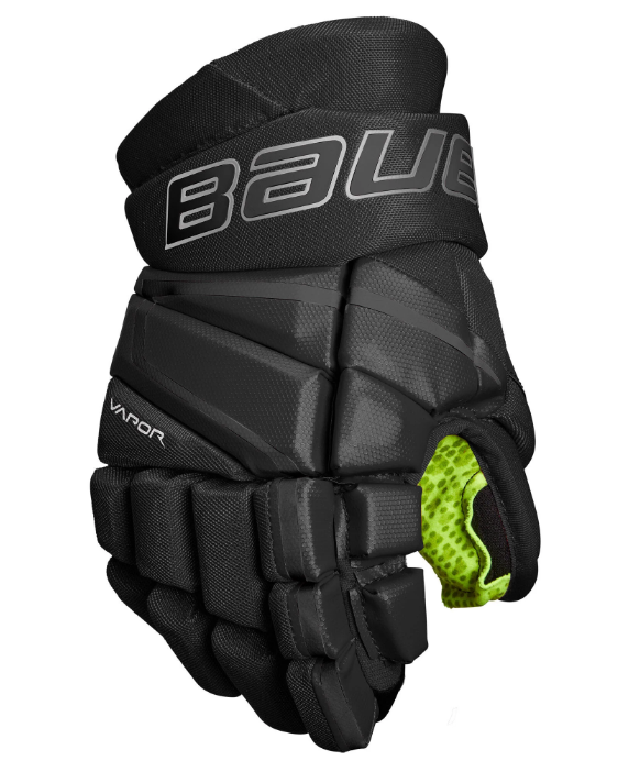 A photo of the Bauer Vapor 3X Junior Hockey Gloves in colour black, front view.