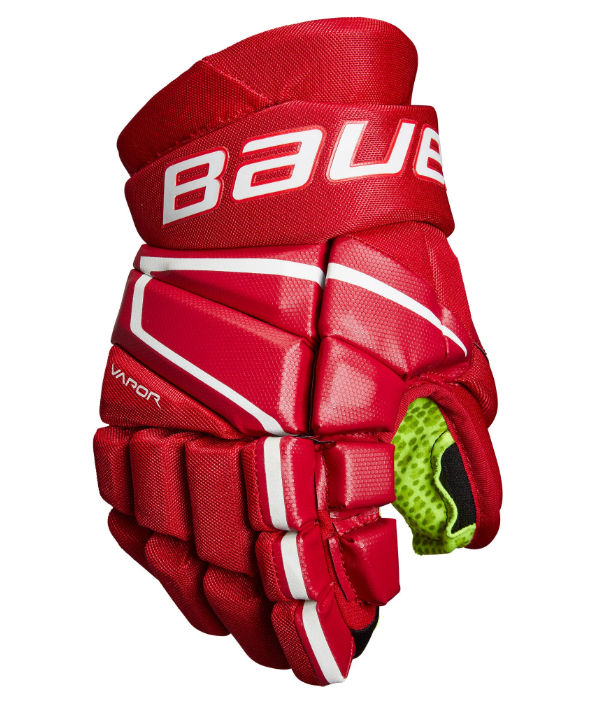 A photo of the Bauer Vapor 3X Junior Hockey Gloves in colour red, front view.