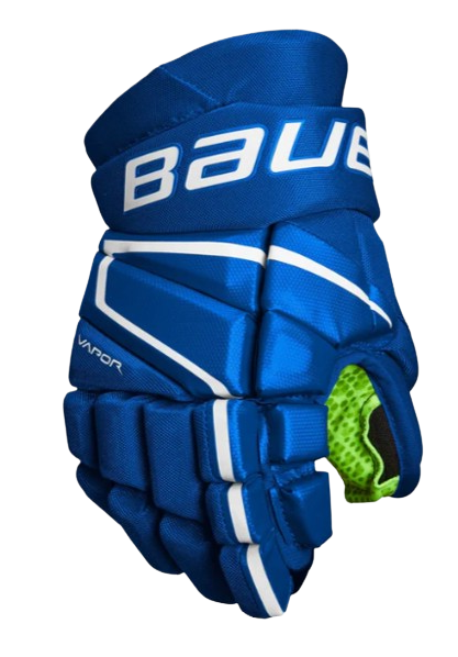 A photo of the Bauer Vapor 3X Junior Hockey Gloves in colour blue, front view.