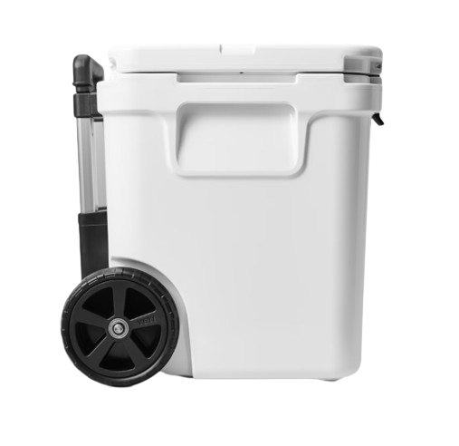 A photo of the Yeti Roadie 48 Wheeled Cooler in colour white, side, closed-lid view.