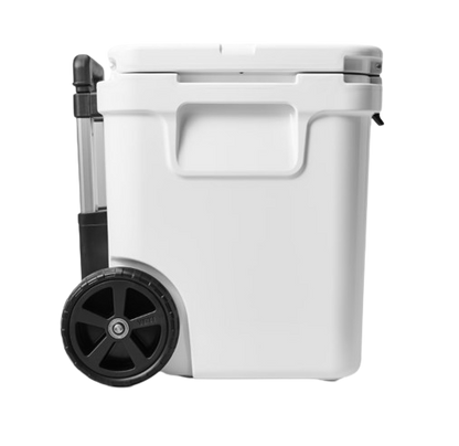 A photo of the Yeti Roadie 48 Wheeled Cooler in colour white, side, closed-lid view.