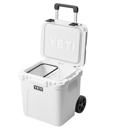 A photo of the Yeti Roadie 48 Wheeled Cooler in colour white, front, open-lid view.