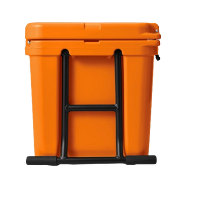 A photo of the Yeti Tundra Haul Wheeled Cooler in colour king crab orange, side, closed view.