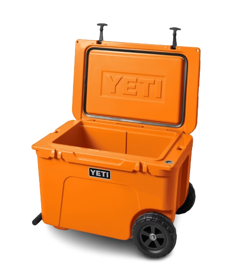 A photo of the Yeti Tundra Haul Wheeled Cooler in colour king crab orange, front, open view.