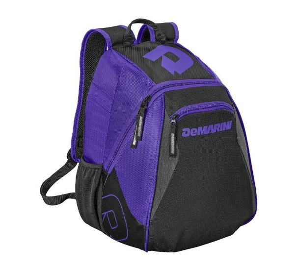 A photo of the DeMarini Voodoo Jr Backpack in colour purple, side view.