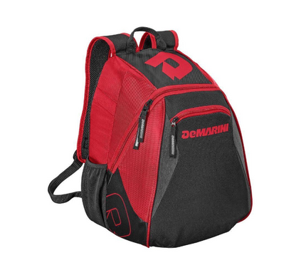 A photo of the DeMarini Voodoo Jr Backpack in colour scarlet red, side view.