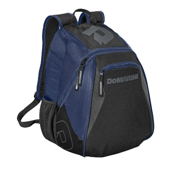 A photo of the DeMarini Voodoo Jr Backpack in colour navy, side view.