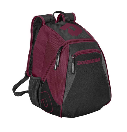 A photo of the DeMarini Voodoo Jr Backpack in colour maroon, side view.