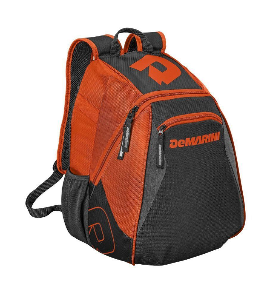 A photo of the DeMarini Voodoo Jr Backpack in colour orange, side view.