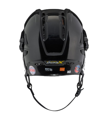 A photo of the CCM Super Tacks X Senior Hockey Helmet in colour black. Rear view.