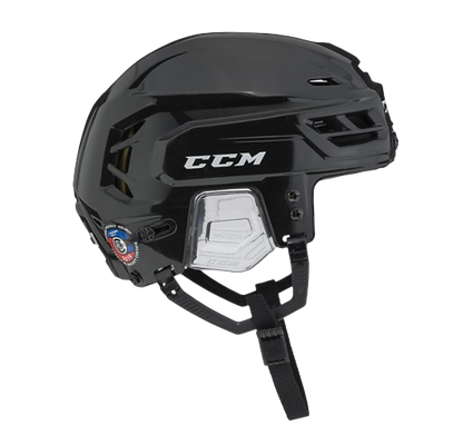 A photo of the CCM Tacks 310 Senior Hockey Helmet in colour black. Side view.