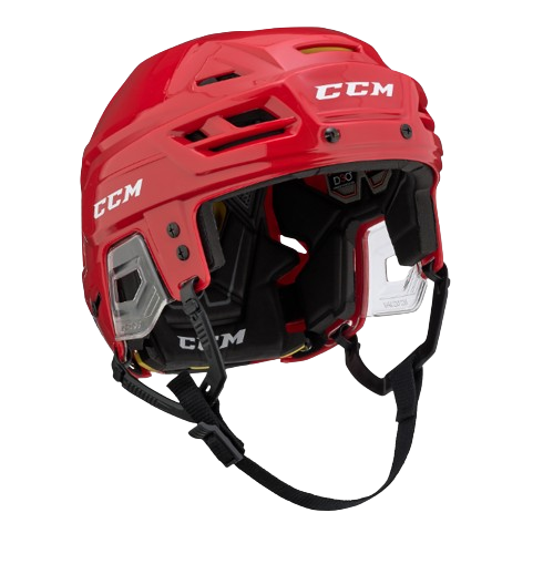 A photo of the CCM Tacks 310 Senior Hockey Helmet in colour red. Angled view.