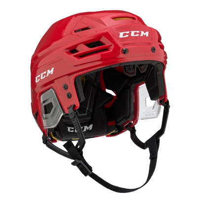 A photo of the CCM Tacks 310 Senior Hockey Helmet in colour red. Angled view.