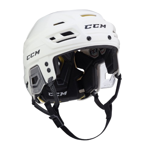 A photo of the CCM Tacks 310 Senior Hockey Helmet in colour white. Angled view.