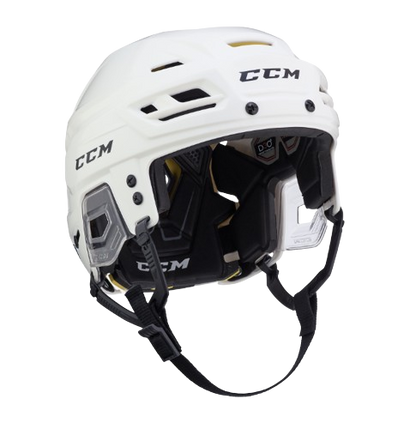 A photo of the CCM Tacks 310 Senior Hockey Helmet in colour white. Angled view.