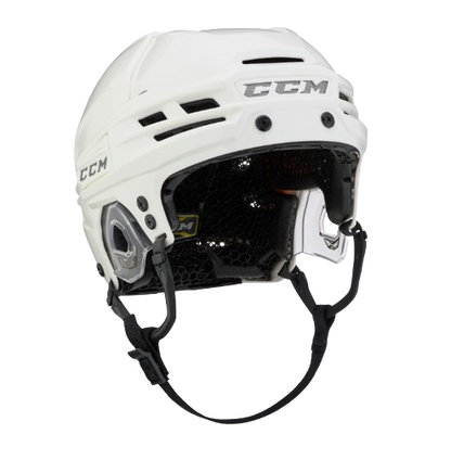 A photo of the CCM Super Tacks X Senior Hockey Helmet in colour white. Angled view.