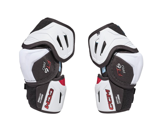 A photo of the CCM Jetspeed FT6 Pro Elbow Pads in colour white and black. Front view.