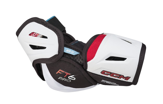 A photo of the CCM Jetspeed FT6 Pro Elbow Pads in colour white and black. side view.