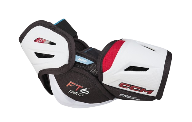 A photo of the CCM Jetspeed FT6 Pro Elbow Pads in colour white and black. Side view.