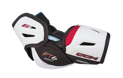 A photo of the CCM Jetspeed FT6 Pro Elbow Pads in colour white and black. Side view.