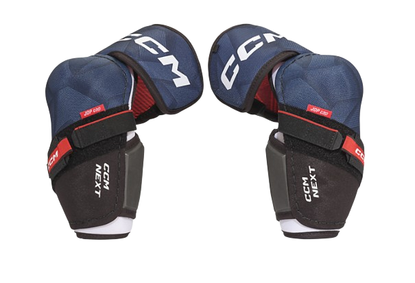 A photo of the CCM Next Elbow Pads in colour navy and black. Front view.