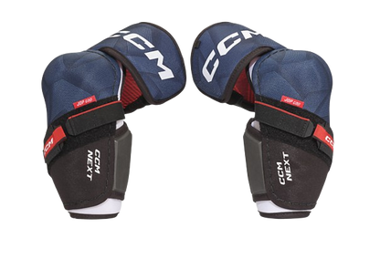 A photo of the CCM Next Elbow Pads in colour navy and black. Front view.