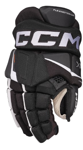 A picture of the CCM Tacks XF Hockey Gloves in colour black and white. Front view.