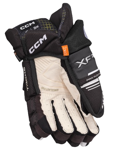 A picture of the CCM Tacks XF Hockey Gloves in colour black and white. Palm view.