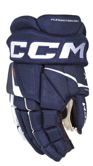 A picture of the CCM Tacks XF Hockey Gloves in colour navy and white. Front view.