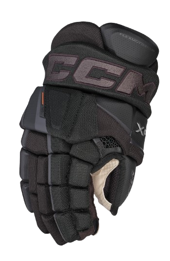 A photo of the CCM Tacks XF Pro Gloves in colour black and graphite. Front View.