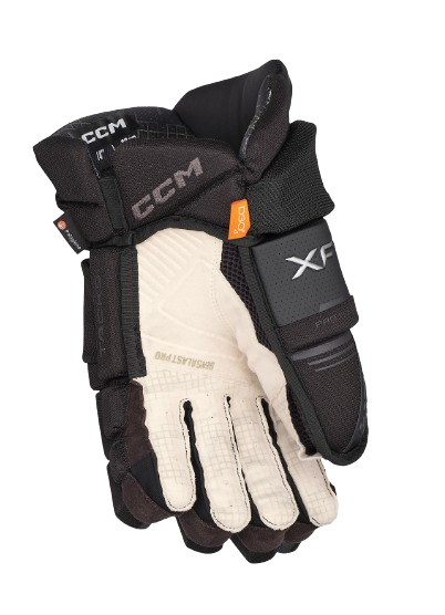 A photo of the CCM Tacks XF Pro Gloves in colour black and graphite. Palm View.