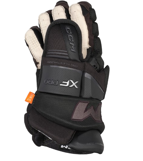 A photo of the CCM Tacks XF Pro Gloves in colour black and graphite. Side View.