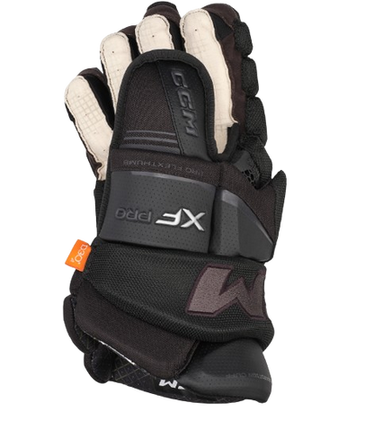 A photo of the CCM Tacks XF Pro Gloves in colour black and graphite. Side View.