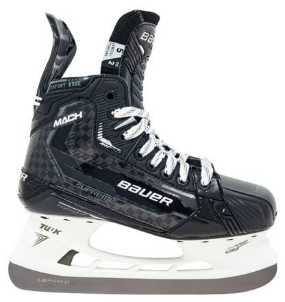 A photo of the Bauer Supreme Intermediate MACH Hockey Skate with Pulse Steel in colour black. Side view.