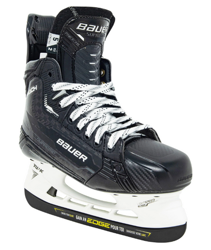 A photo of the Bauer Supreme Intermediate MACH Hockey Skate with Pulse Steel in colour black. Angled view.